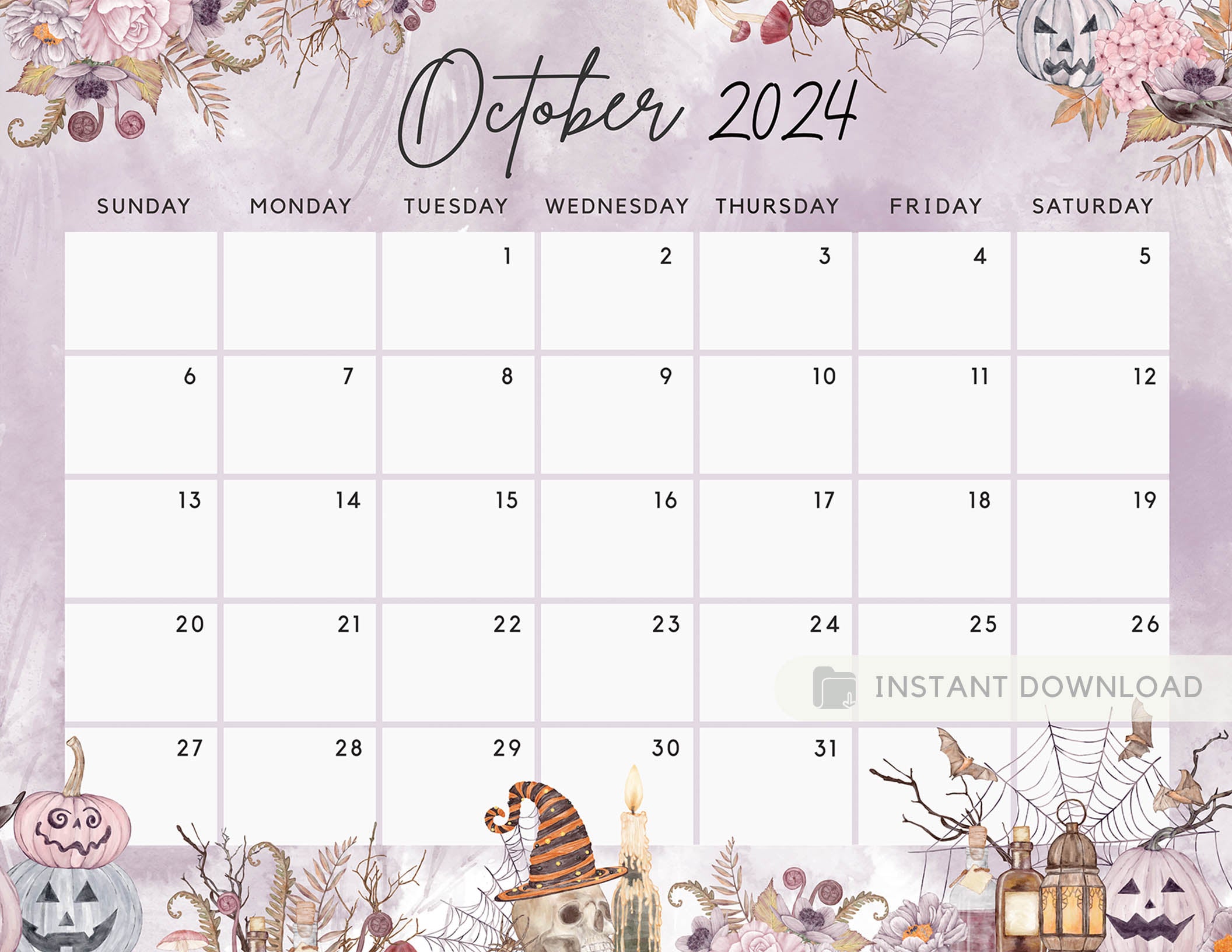 October 2024 Calendar, Spooky Floral Halloween Sweet Pumpkins Printabl