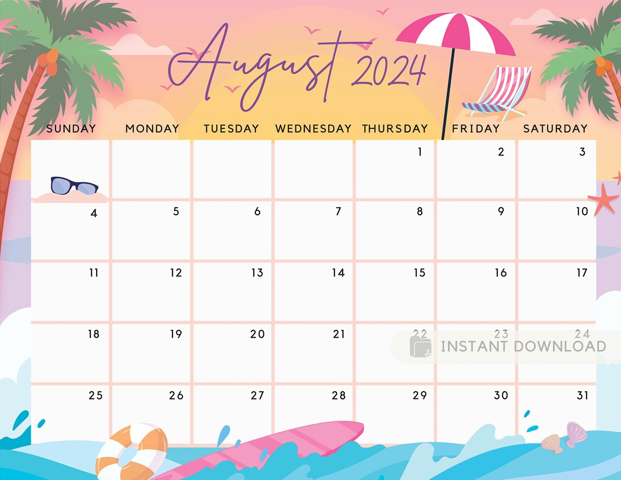 August 2024 Calendar Printable Summer Planner Calendar Cute Pink Sunse