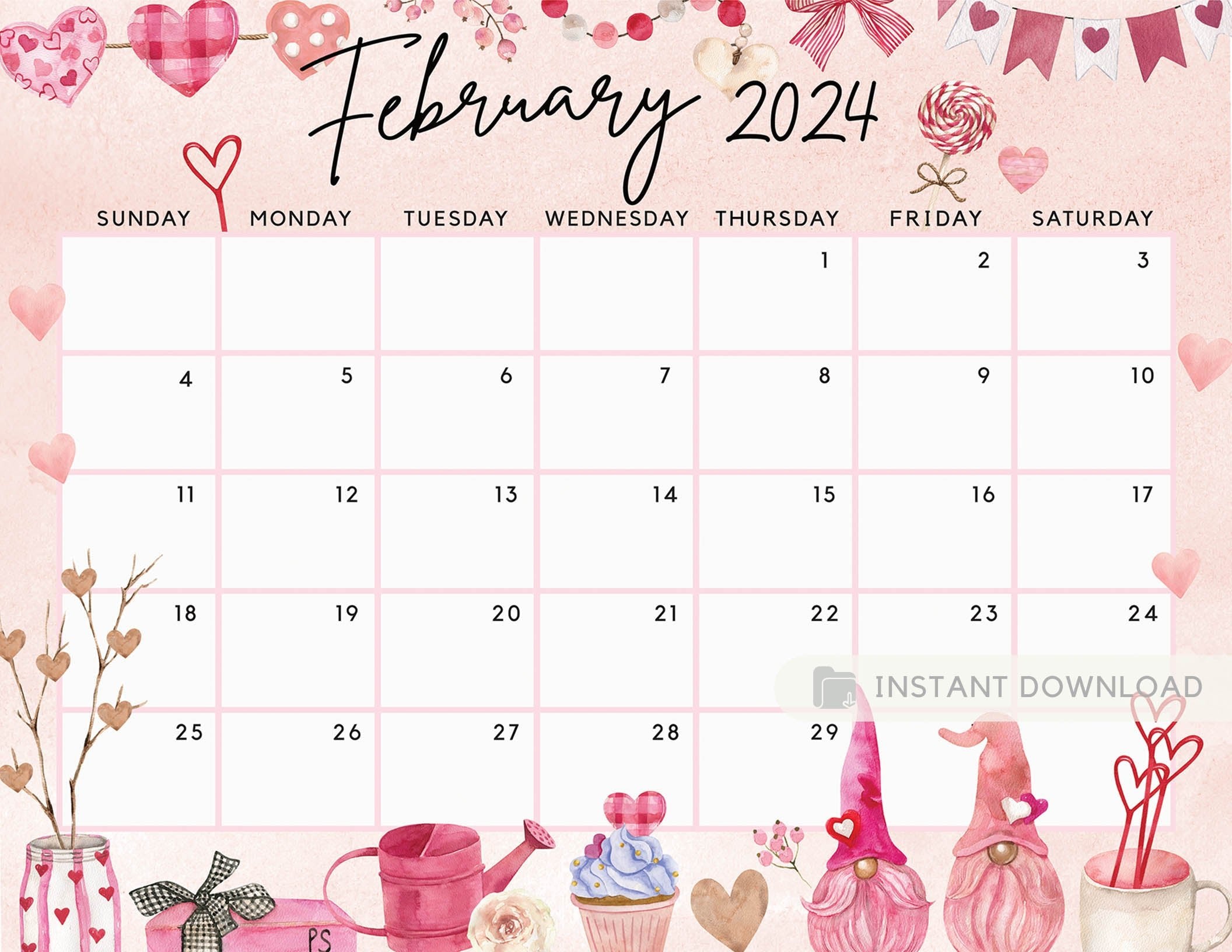 February 2024 Calendar, Lovely & Sweet Love Gnome Cute Hearts Printa