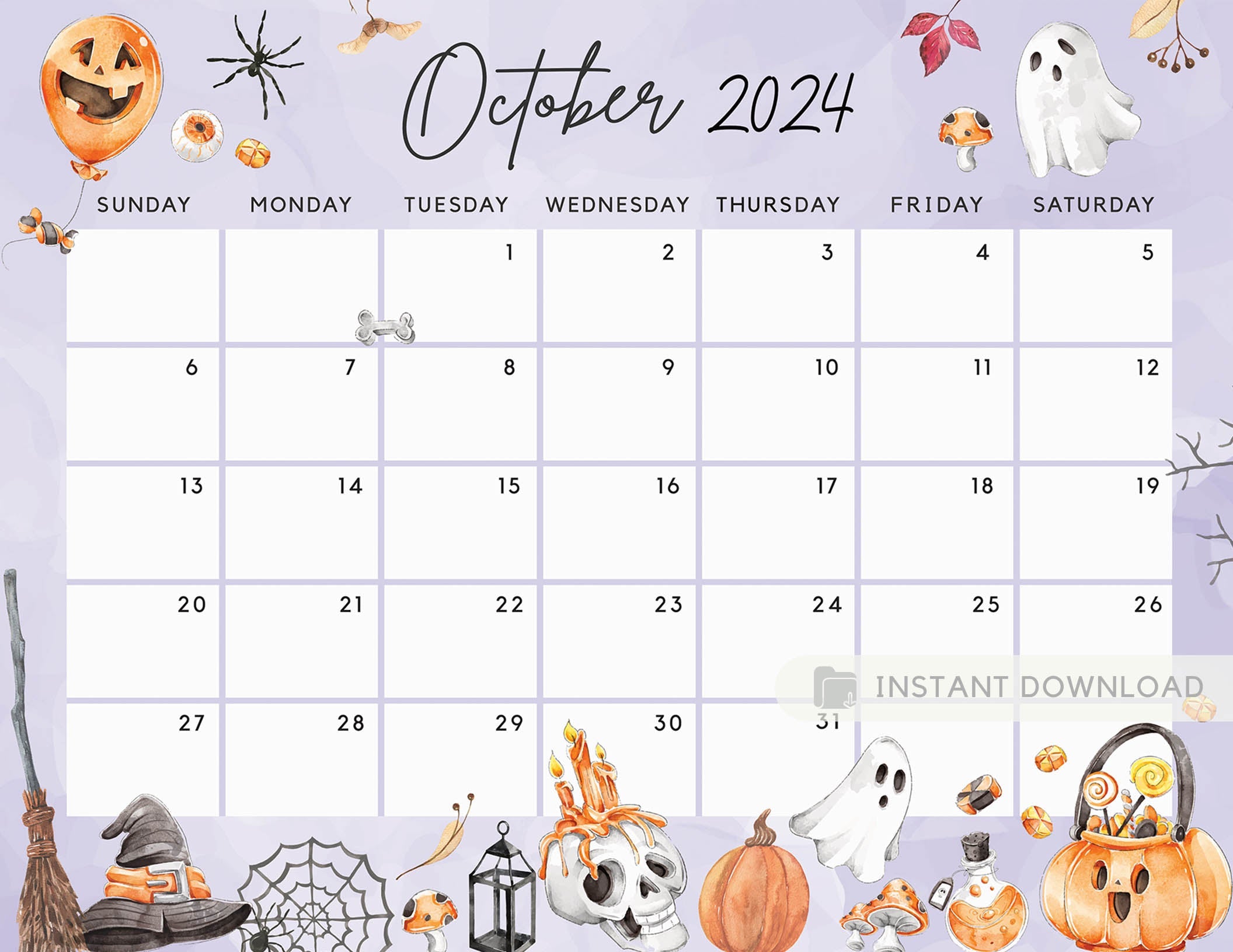 Fillable October 2024 Calendar, Halloween Fun Spooky Party Night Print 