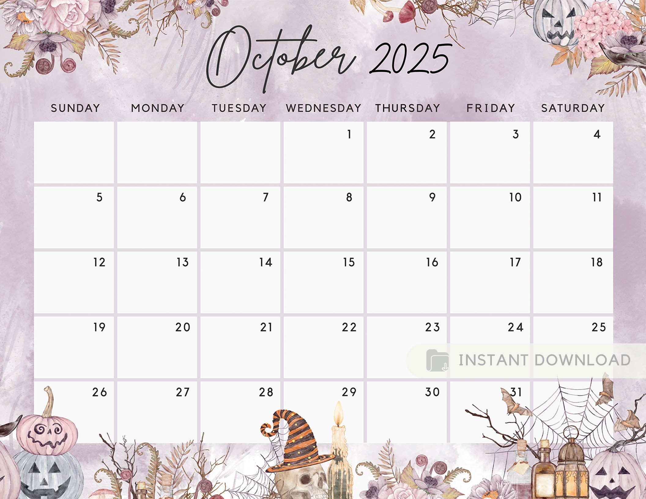 October 2025 Calendar, Spooky Floral Halloween Sweet Pumpkins Printabl