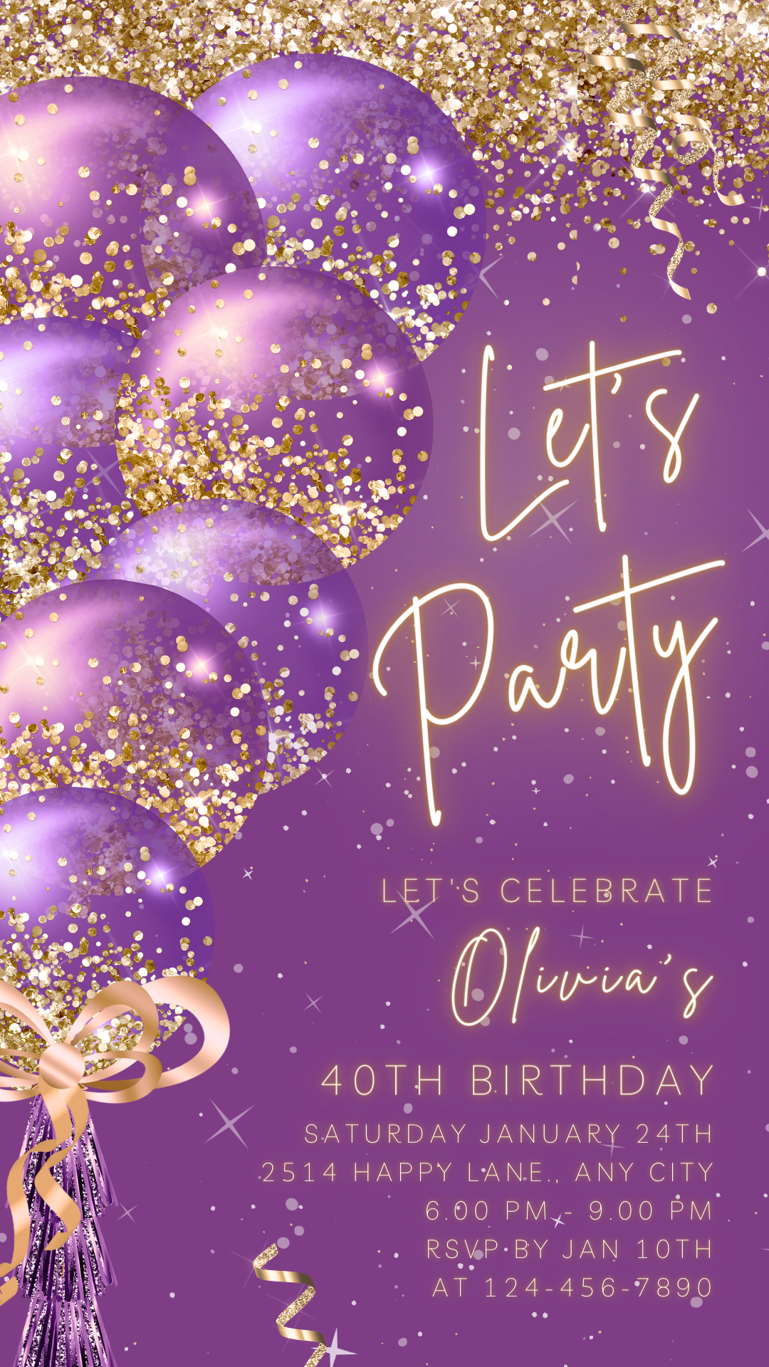 Animated Let's Party invitation, Glittery Dance Night Invite for any Event Celebration, Purple Editable Video Birthday Template