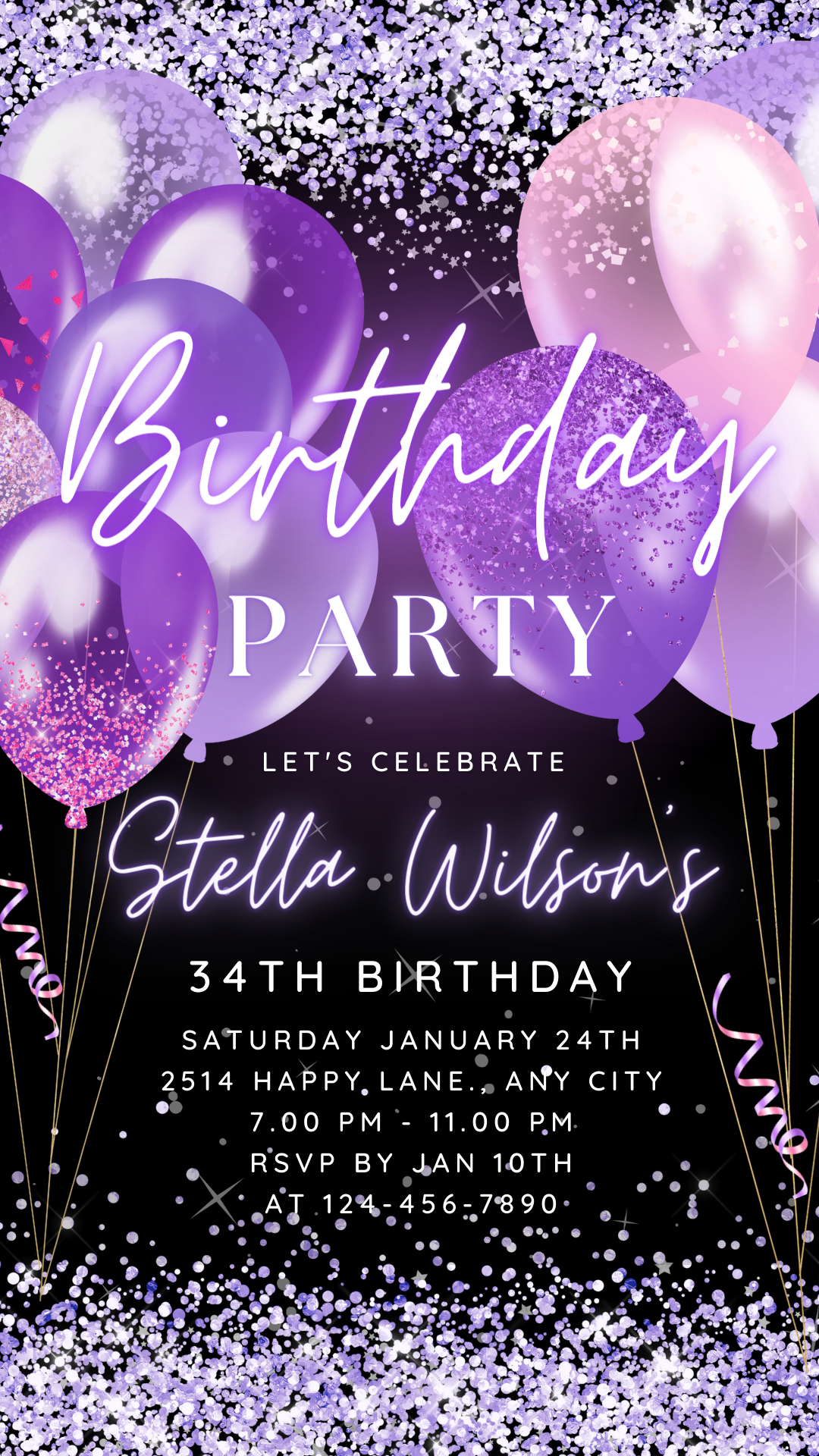 Animated Purple Birthday invitation, Party Invite for any Event Celebration, Editable Video Template for any Age| Digital E-vite