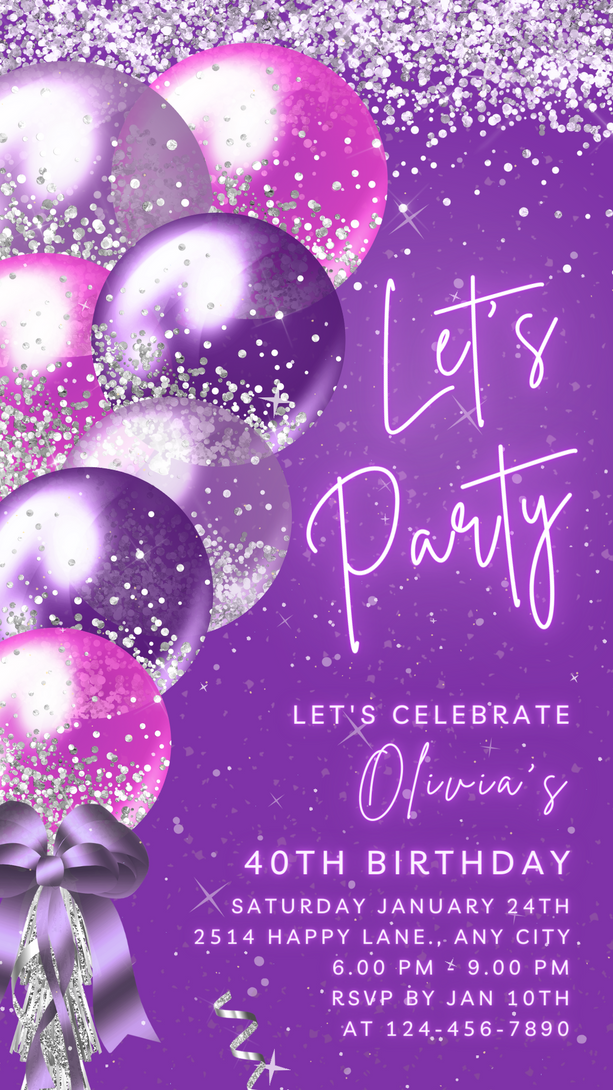 Animated Let's Party invitation, Dance Night Invite for any Event Celebration, Purple & Silver Editable Video Birthday Template