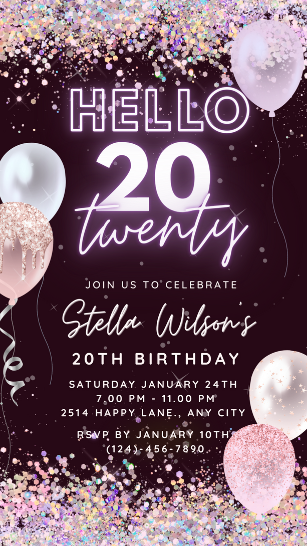 Hello Twenty 20 th, Birthday Party Invitation Template, Animated Electronic Party Invite, Editable Sparkle Purple Video Neon Digital e-vite