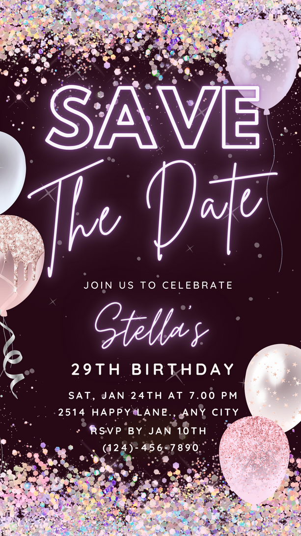 Save The Date Sparkle Glitter Party Invitation, Animated Birthday Party Invite, Editable Electronic Bday, Purple Video Neon Digital e-vite