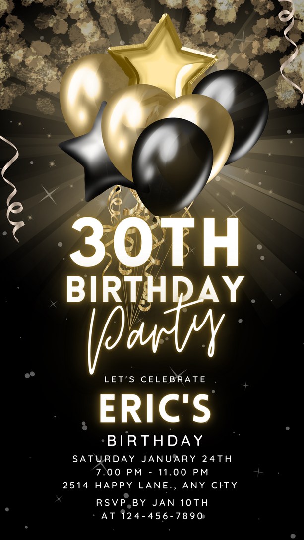 Gold and Black Party Invitation for Men, Video Birthday Party Invite, Editable Bday Dinner, Animated Classy Night Celevration Digital Card