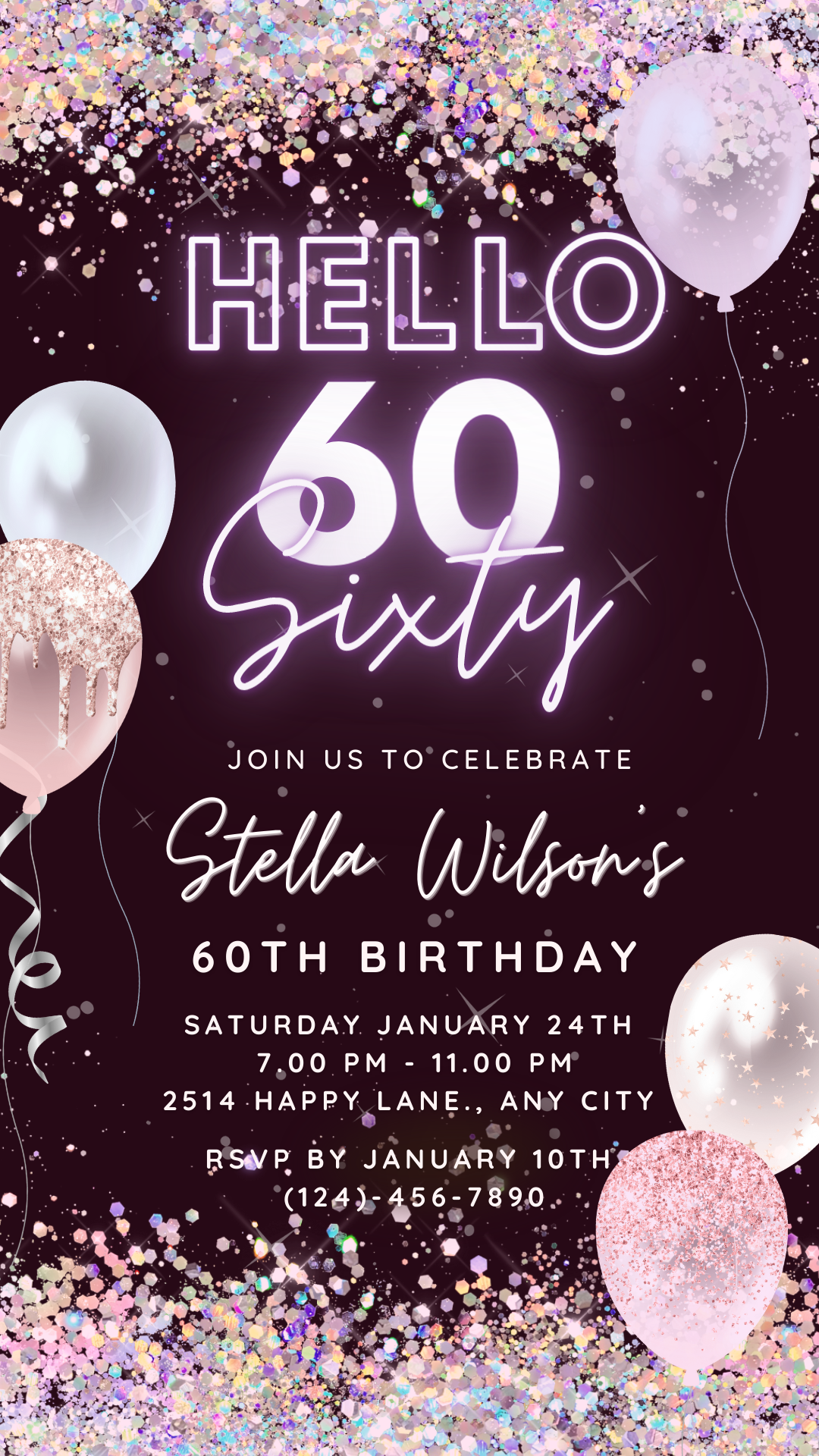 Hello 60 Sixty, Birthday Party Invitation Template, Animated Electronic Party Invite, Editable Sparkle Purple Video Neon Digital e-vite