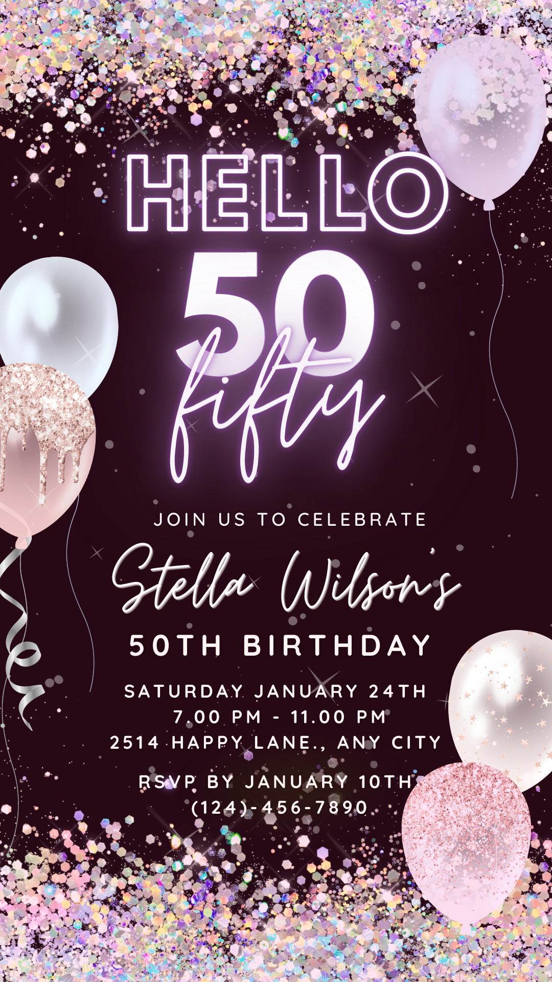 Hello 50 Fifty, Birthday Party Invitation Template, Animated Electronic Party Invite, Editable Sparkle Purple Video Neon Digital e-vite