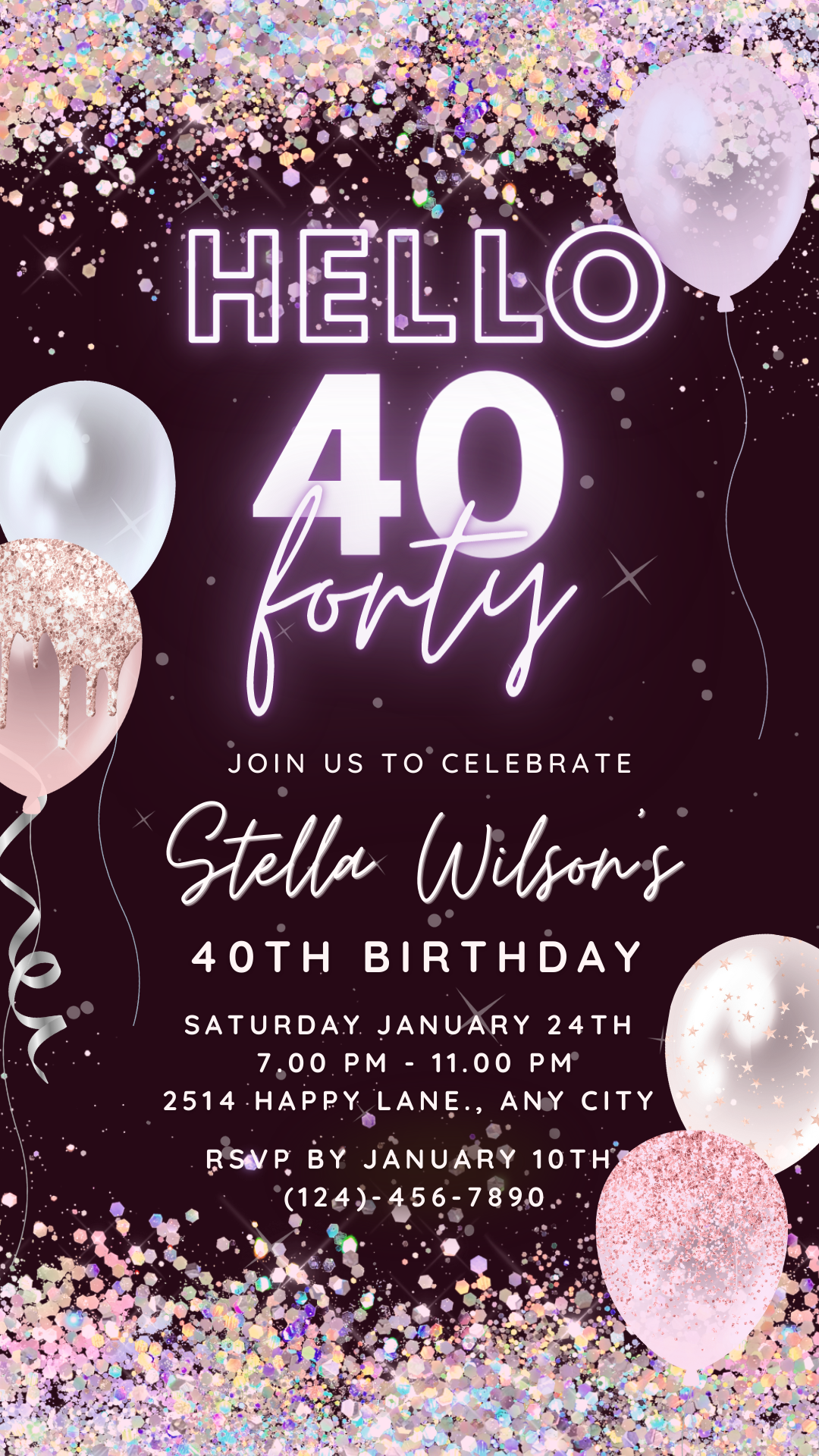 Hello Forty 40 th, Birthday Party Invitation Template, Animated Electronic Party Invite, Editable Sparkle Purple Video Neon Digital e-vite