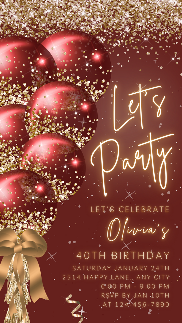 Let's Party Animated Invite for any Event Celebration, Editable Video Template, Birthday invitation, any Age | Classy Crimson & Gold E-vite