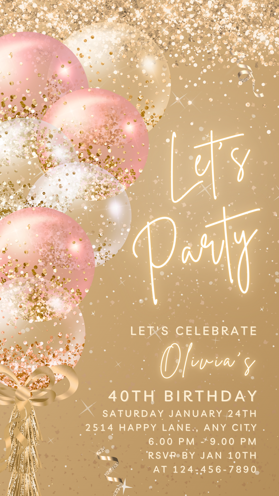 Animated Let's Party invitation, Golden Pink Glittery Dance Night Invite for any Event Celebration, Editable Video Birthday Template