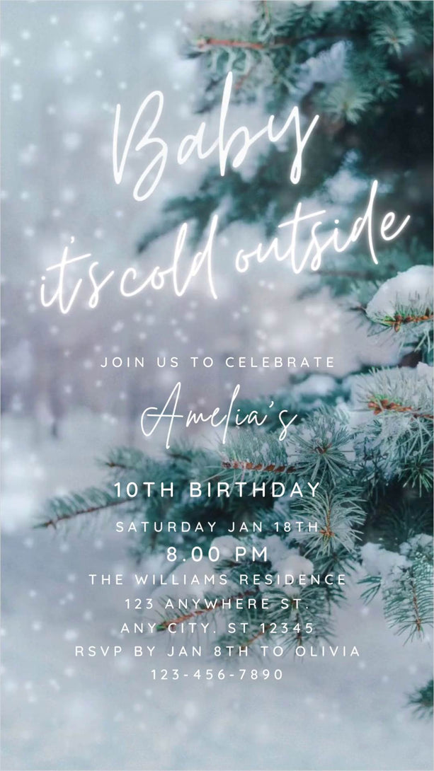 Snowing Party Invitation, Birthday or Baby Shower Holiday Party Invite, Winter Snow Cold Outside Text, Editable Electronic Birthday Video