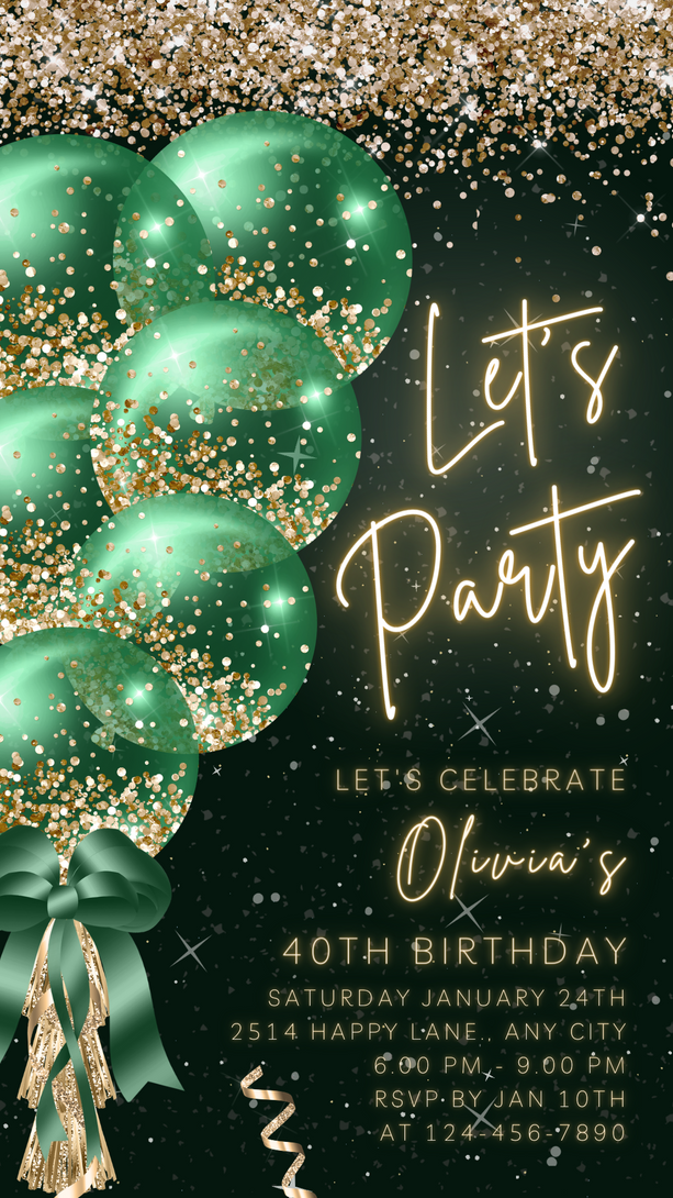 Let's Party Animated Invite for any Event Celebration, Editable Video Template, Birthday invitation, any Age | Bright Green on Black E-vite