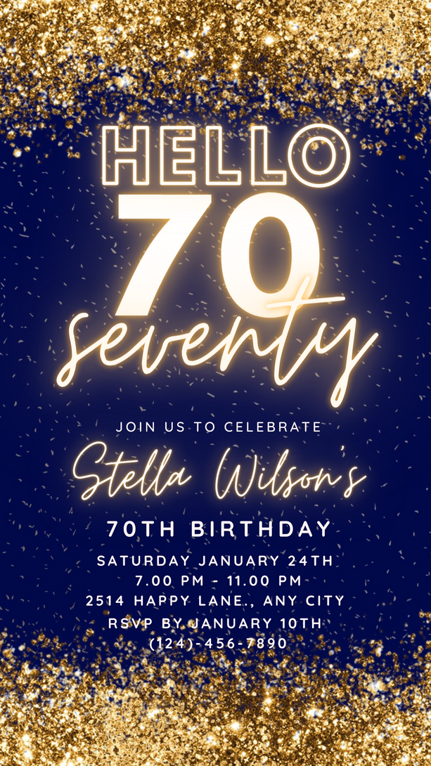 70th Seventy Birthday Party Invitation, Animated Electronic Party Invite, Editable Neon Gold on Royal Blue Navy Video Digital Template