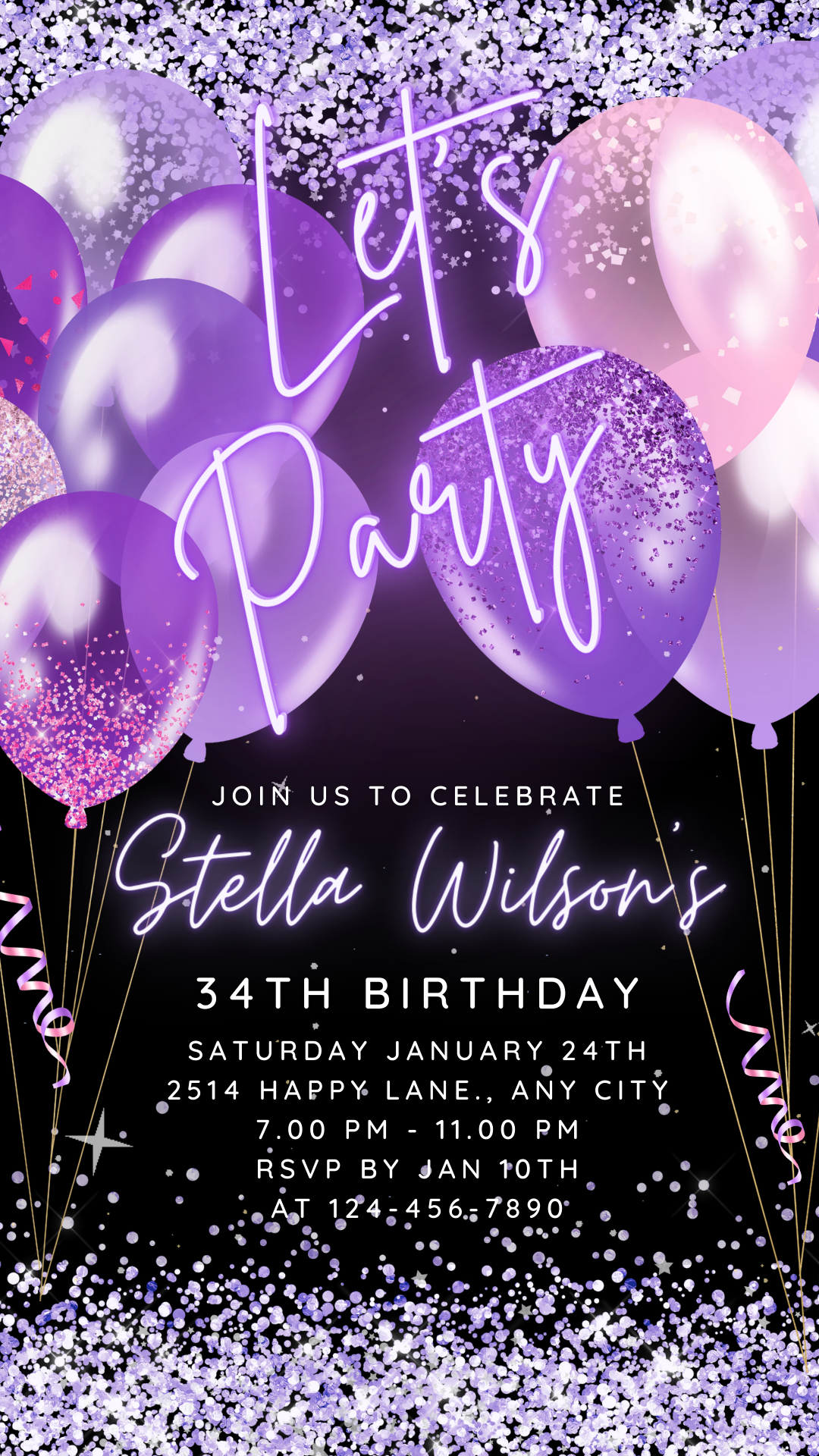 Purple Balloon Glittery Invite for any Party Events, Celebrate Retirement, Birthday, Anniversary with Editable Video Invitation Template