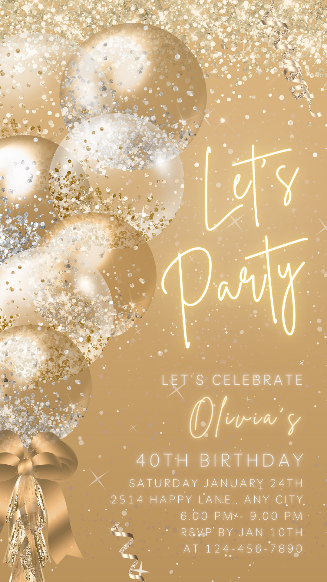 Animated Let's Party invitation, White Gold Glittery Dance Night Invite for any Event Celebration, Editable Video Birthday Template