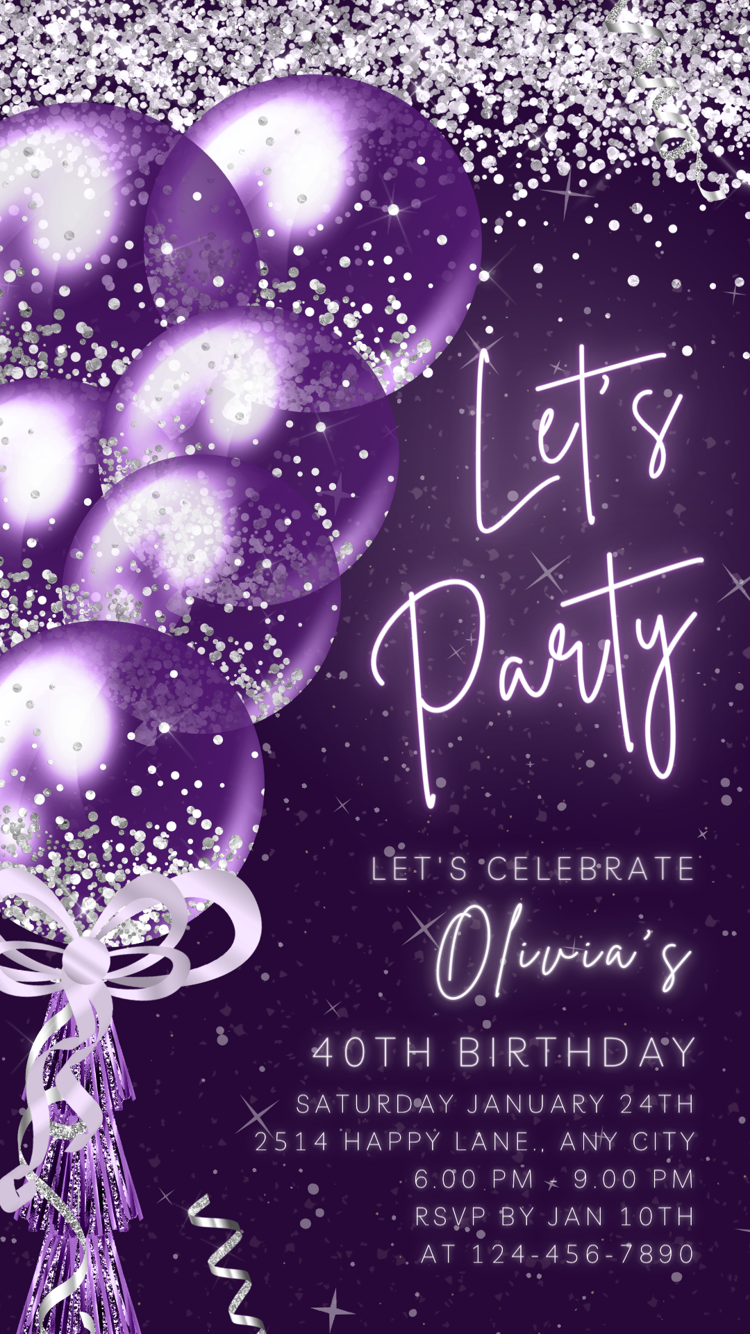 Animated Let's Party invitation, Purple & Silver Dance Night Invite for any Event Celebration, Editable Video Birthday Template