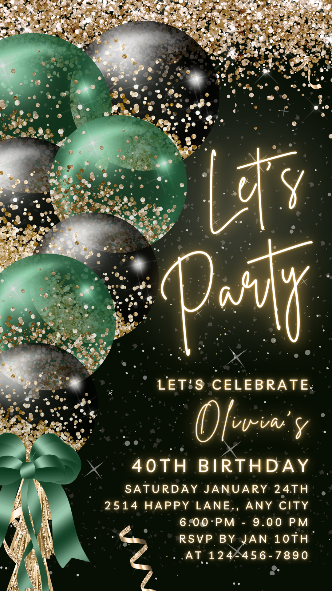 Animated Let's Party invitation, Emerald & Black Dance Night Invite for any Event Celebration, Editable Video Birthday Template