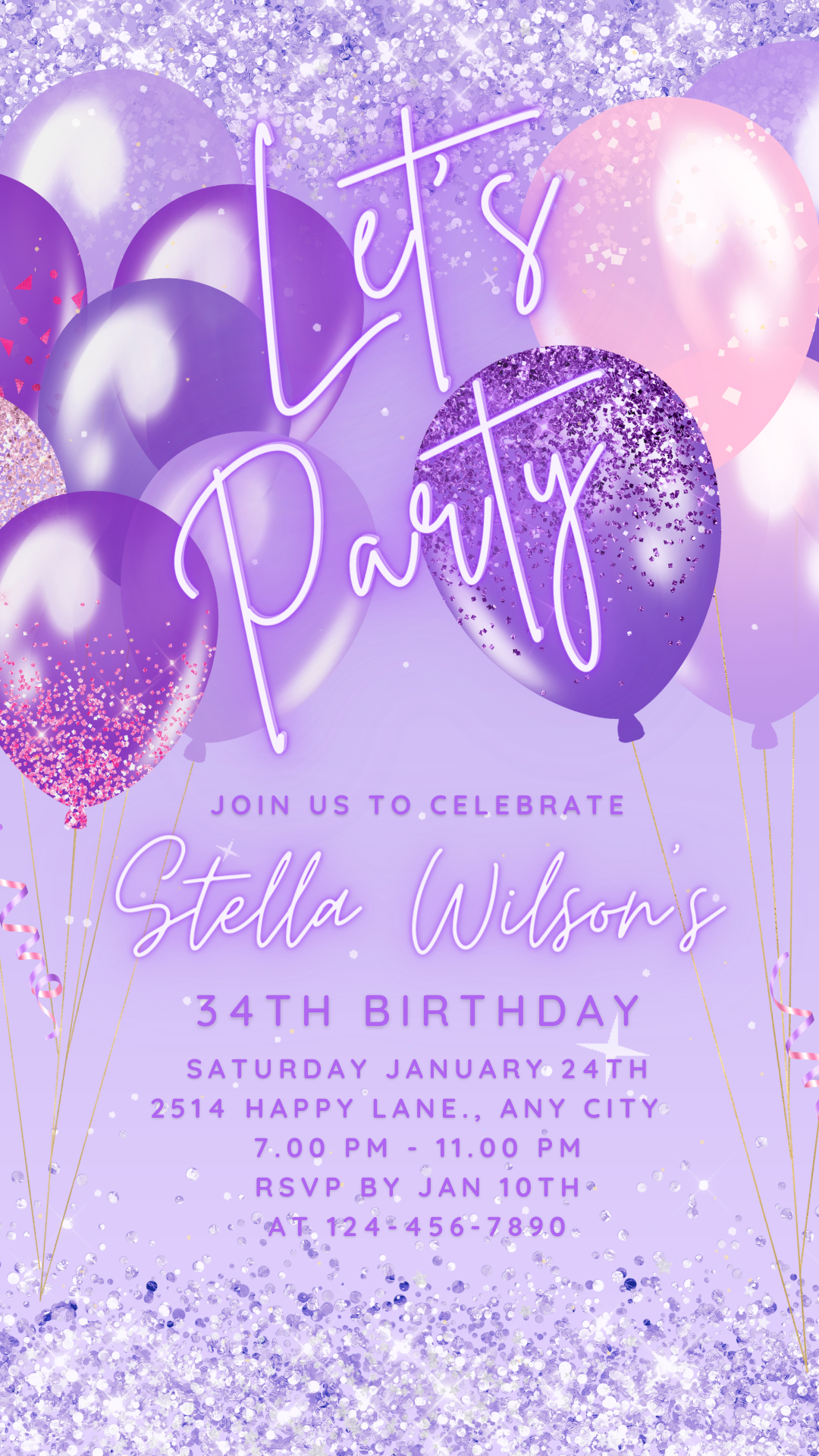 Animated Let's Party Invite for any Event Celebration, Editable Video Template, Birthday invitation for any Age | Silver & Purple E-vite