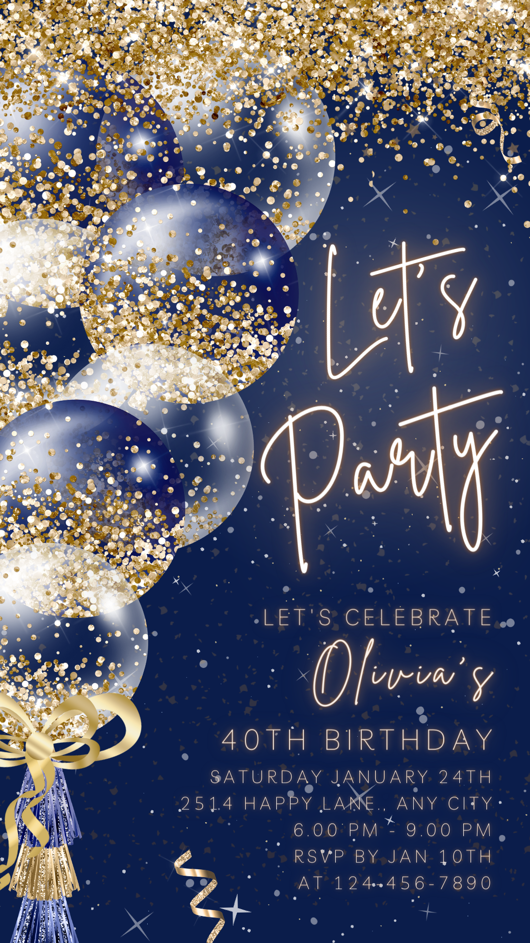 Animated Let's Party Invite for any Event Celebration, Editable Video Template, Birthday invitation for any Age | Blue Navy & Gold E-vite