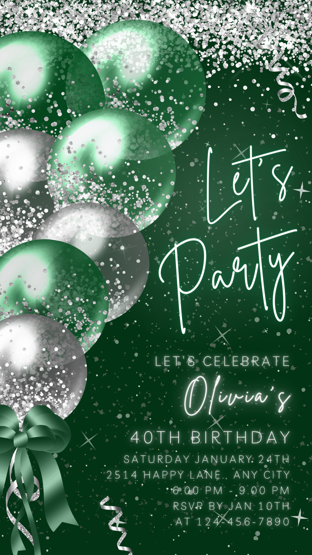 Animated Let's Party Invite for any Event Celebration, Editable Video Template, Birthday invitation for any Age | Green & Silver E-vite
