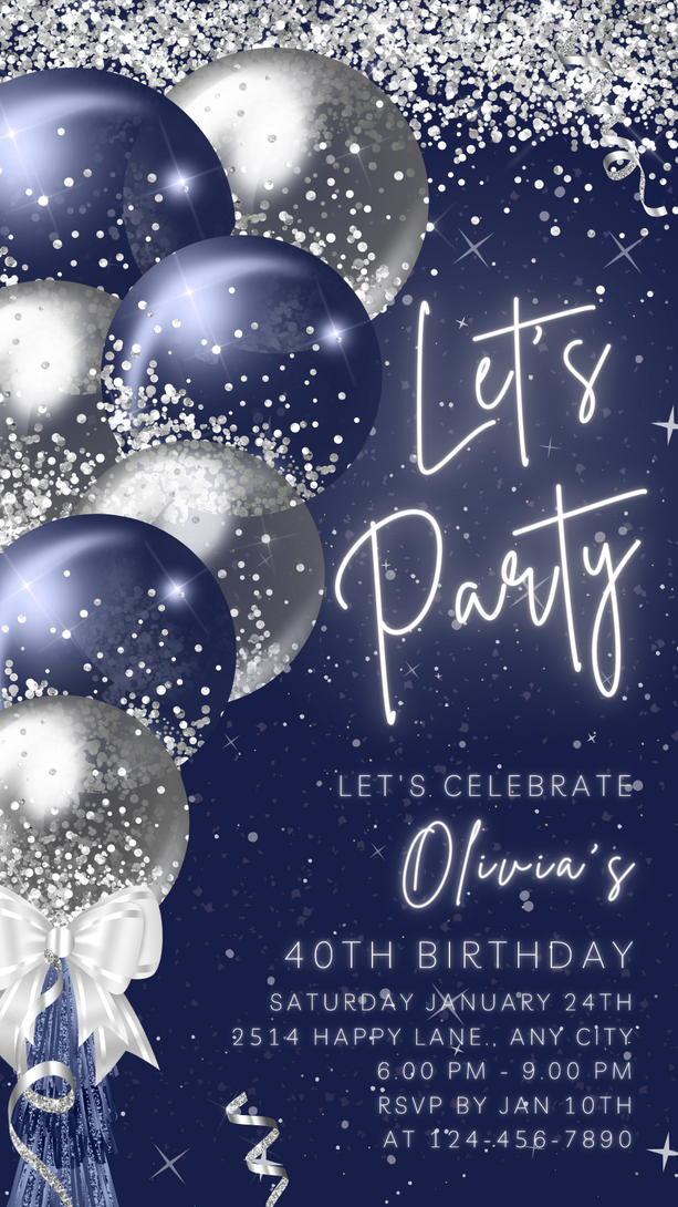 Animated Let's Party Invite for any Event Celebration, Editable Video Template, Birthday invitation for any Age | Blue Silver E-vite