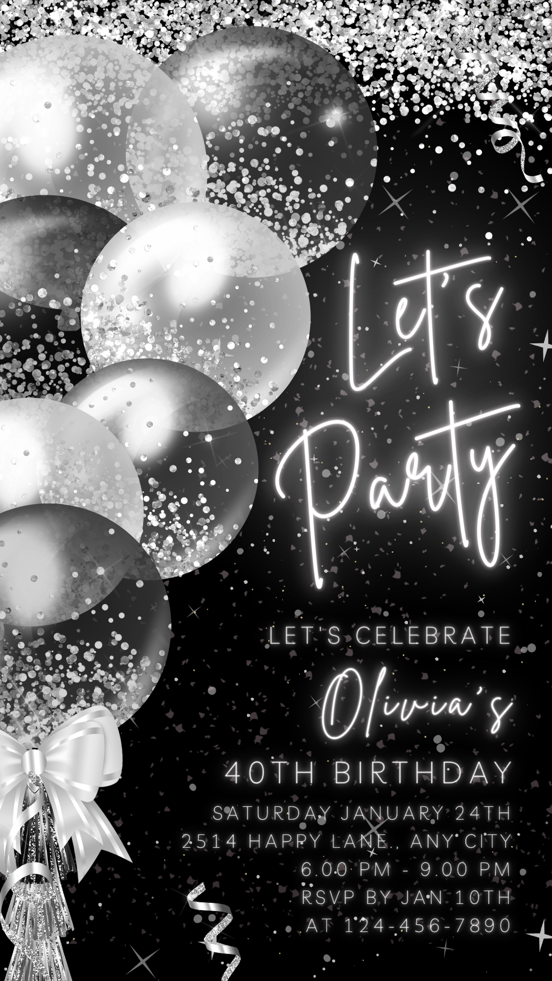 Animated Let's Party Invite for any Event Celebration, Editable Video Template, Birthday invitation for any Age | Black & Silver E-vite