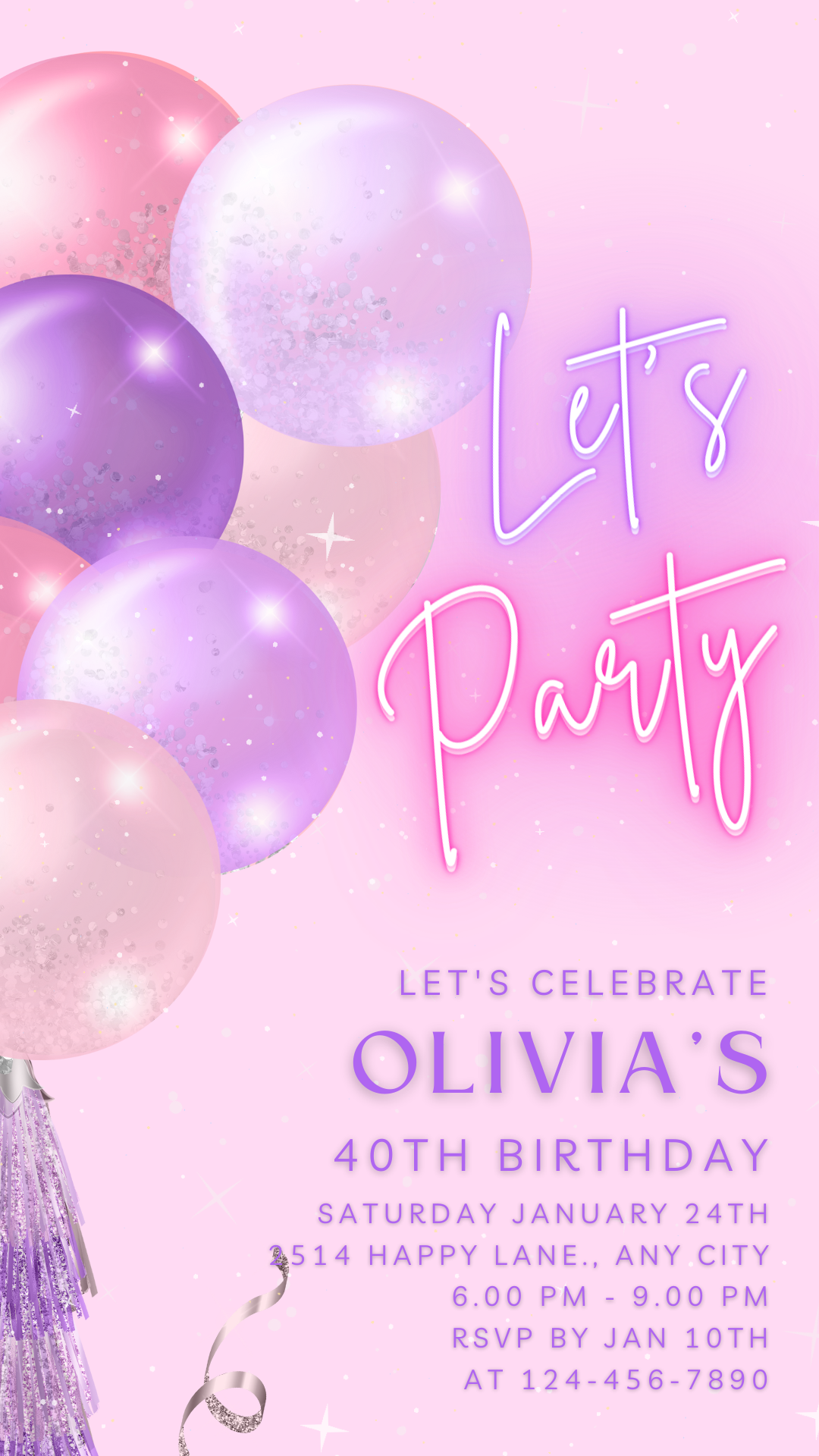 Animated Let's Party Invite for any Event Celebration, Editable Video Template, Birthday invitation for any Age | Purple Pink E-vite