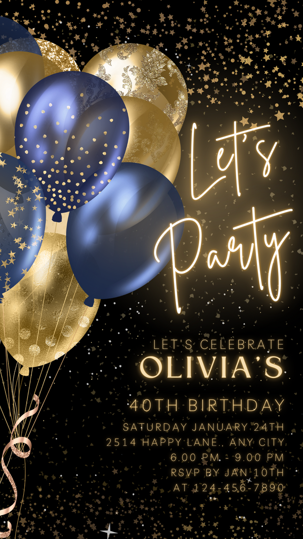 Animated Let's Party Invite for any Event Celebration, Editable Video Template, Birthday invitation for any Age | Blue & Gold E-vite