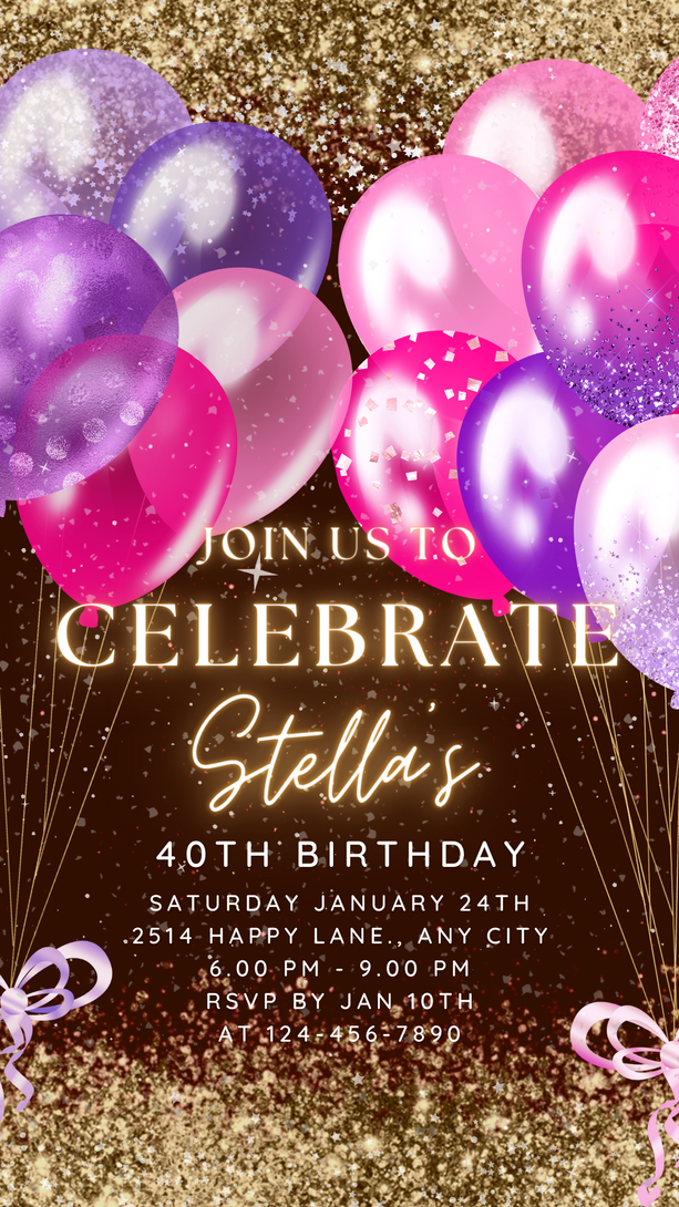 Let's Celebrate Party Invite for any Events, Editable Video Template, Birthday invitation for any Age | Purple Golden E-vite