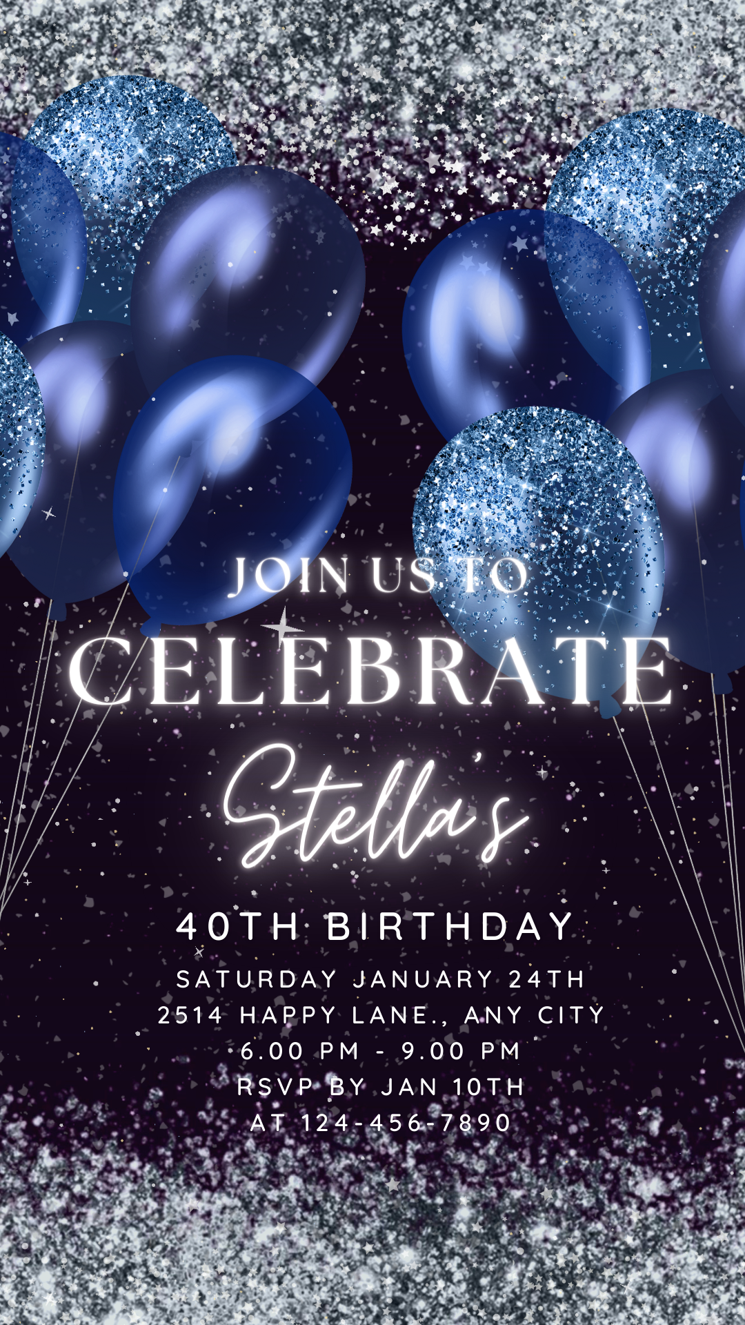 Blue & Silver Animated Party Invite for any Event Celebration, Editable Video Template, Birthday invitation for any Age | Digital E-vite