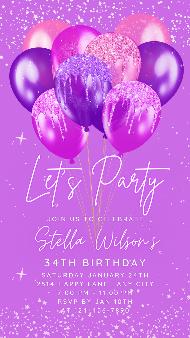 Let's Party Animated Invite for any Event Celebration, Editable Video Template, Birthday invitation for any Age | Bright Purple E-vite