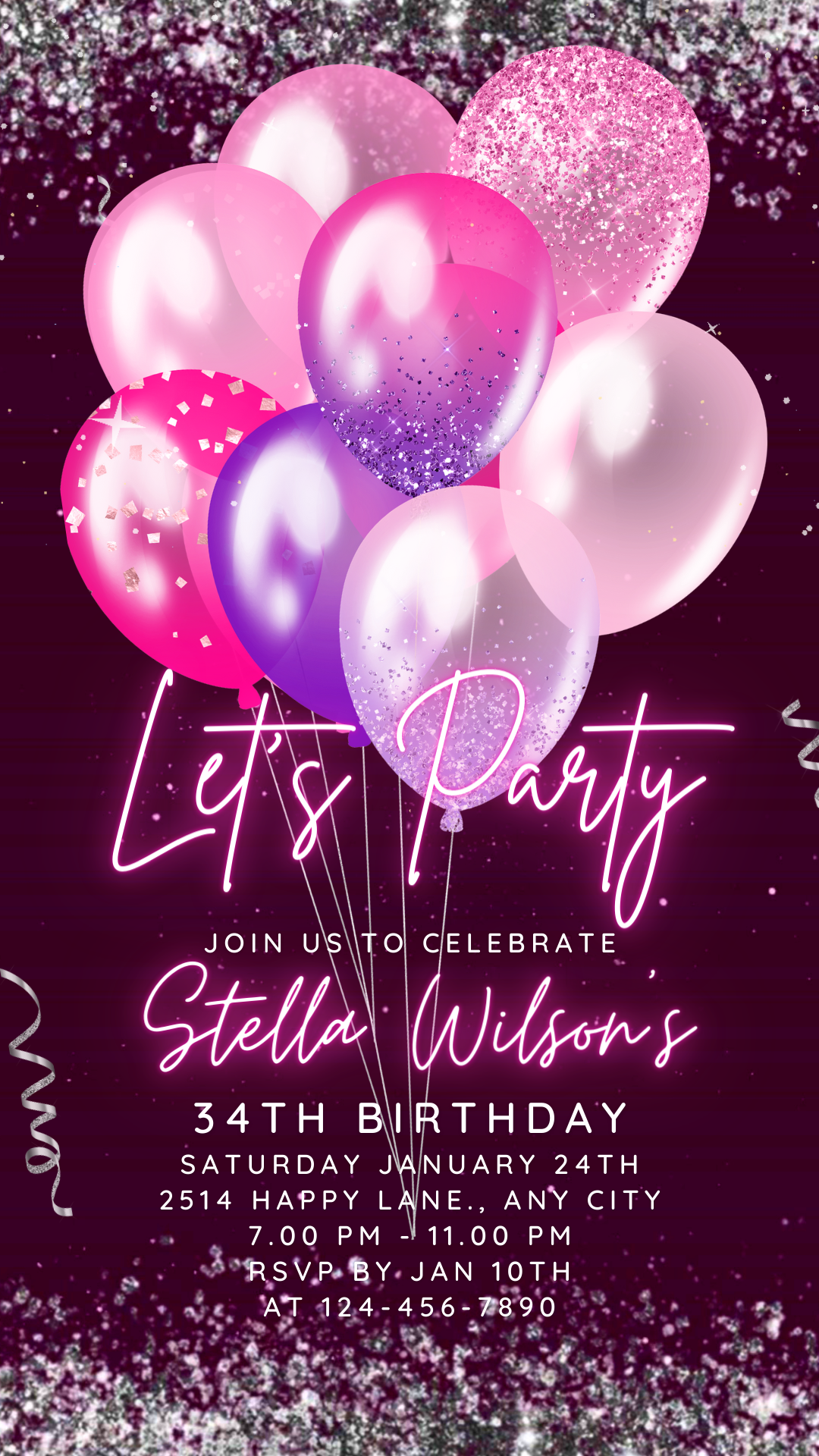 Let's Party Animated Invite for any Event Celebration, Editable Video Template, Birthday invitation for any Age | Hot Purple Pink E-vite