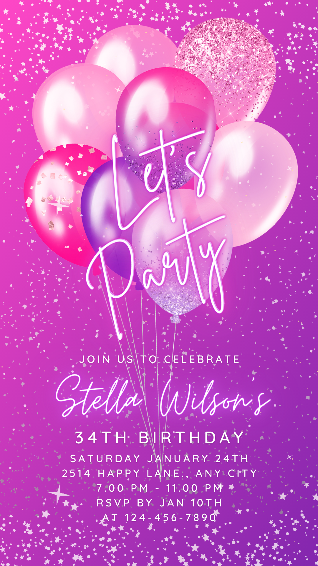Let's Party Animated Invite for any Event Celebration, Editable Video Template, Birthday invitation for any Age | Bright Purple Pink E-vite