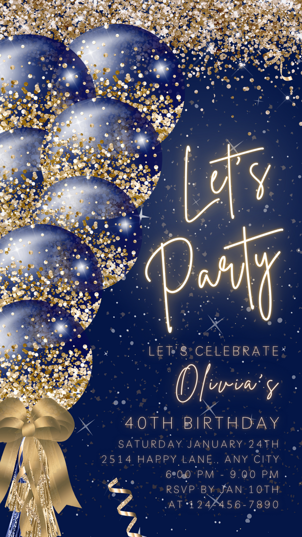 Let's Party Animated Invite for any Event Celebration, Editable Video Template, Birthday invitation for any Age | Dark Blue Gold E-vite