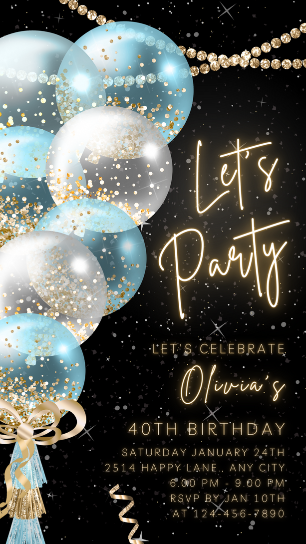 Animated Party Invite for any Event Celebration, Editable Video Template, White & blue Birthday invitation for any Age| Digital E-vite