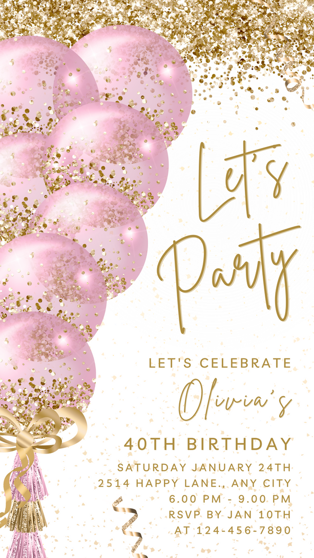 Let's Party Animated Invite for any Event Celebration, Editable Video Template, Birthday invitation for any Age | White Pink E-vite