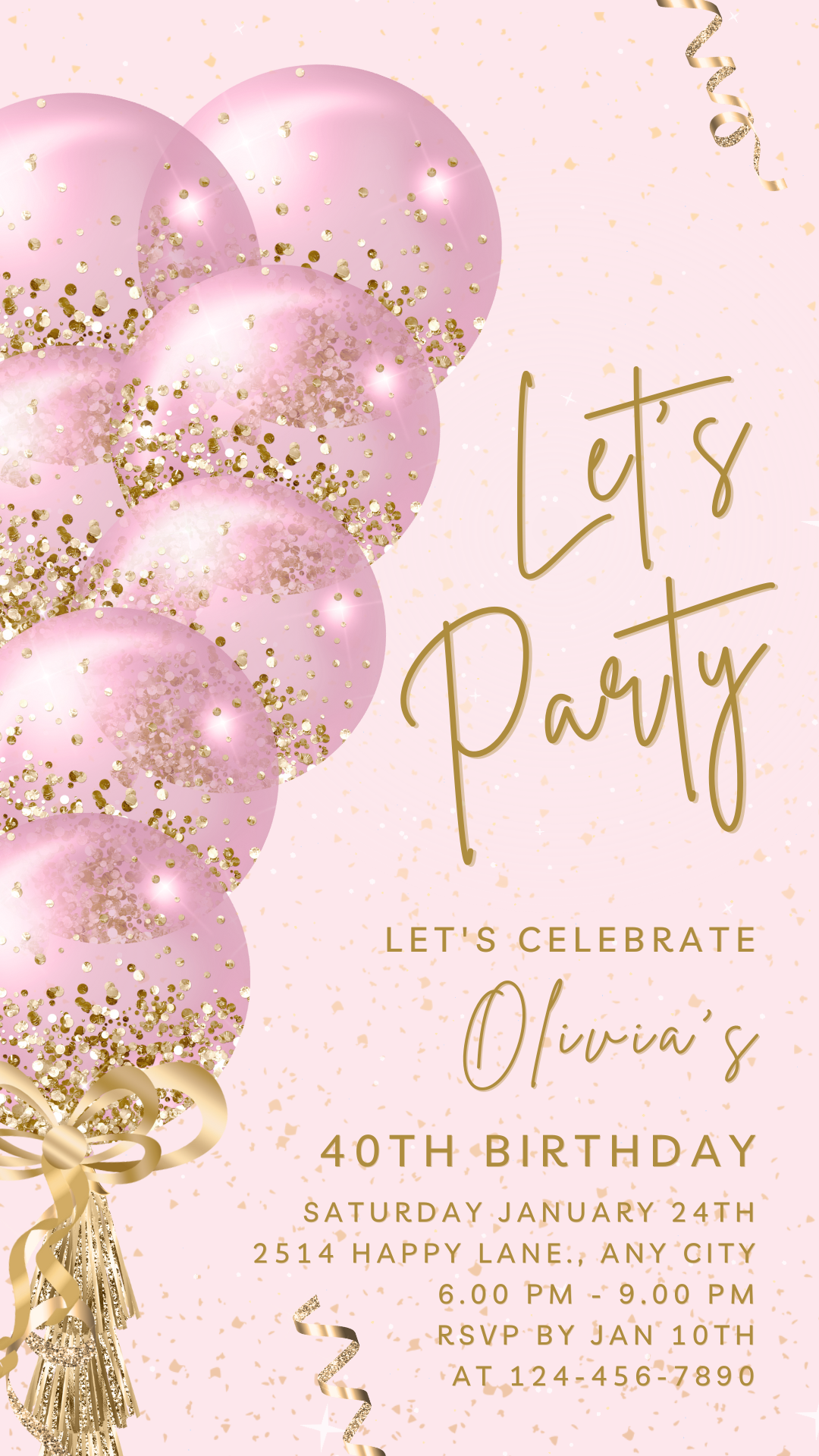 Let's Party Animated Invite for any Event Celebration, Editable Video Template, Birthday invitation for any Age | Sweet Pink & Gold E-vite