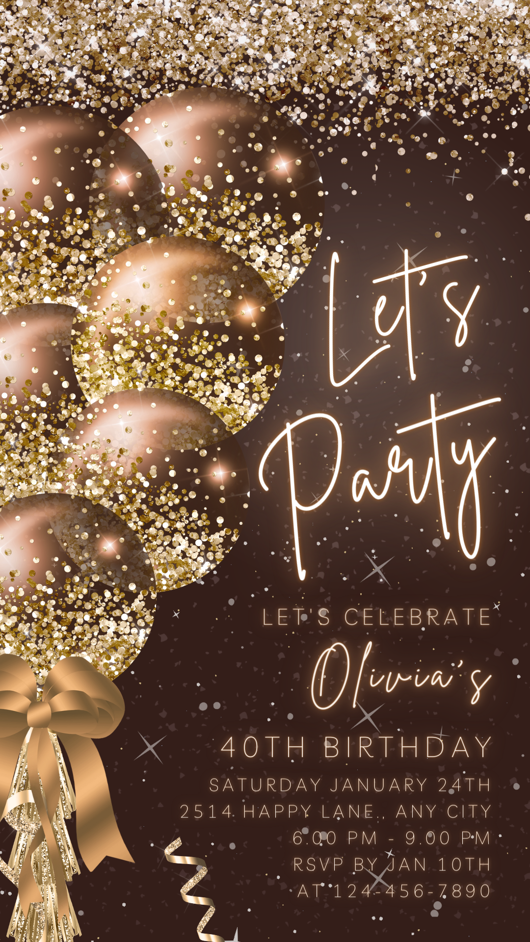 Animated Let's Party invitation, Golden Glittery Dance Night Invite for any Event Celebration, Editable Video Birthday Template
