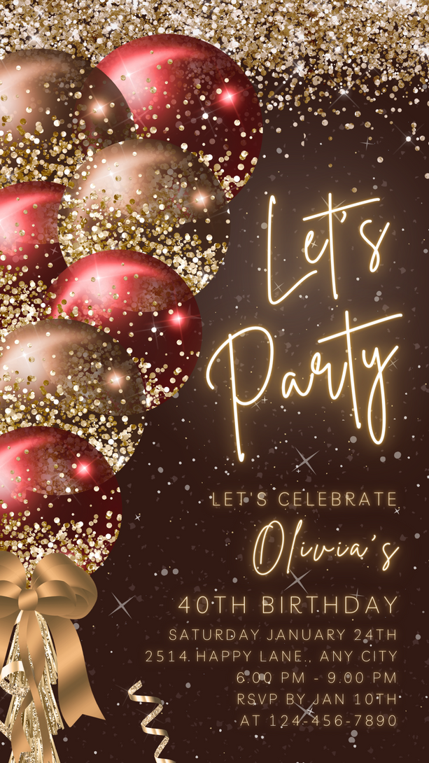 Animated Let's Party invitation, Crimson Glittery Dance Night Invite for any Event Celebration, Editable Video Birthday Template