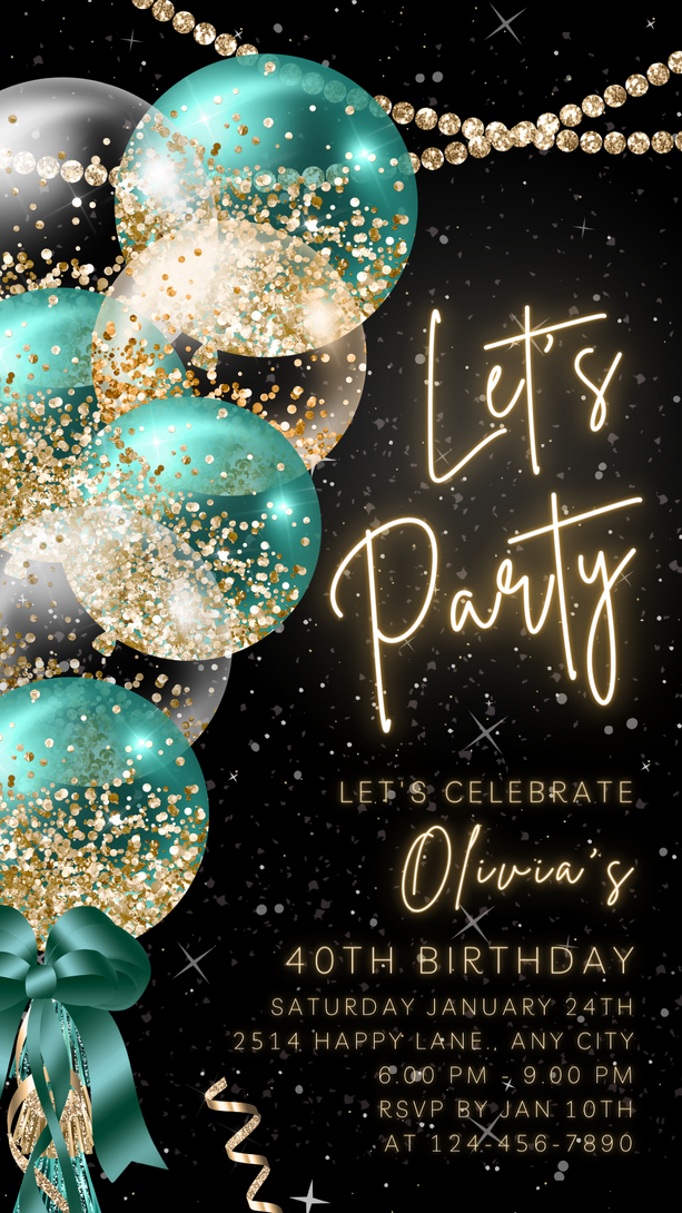 Animated Let's Party invitation, Turquoise Glittery Dance Night Invite for any Event Celebration, Editable Video Birthday Template