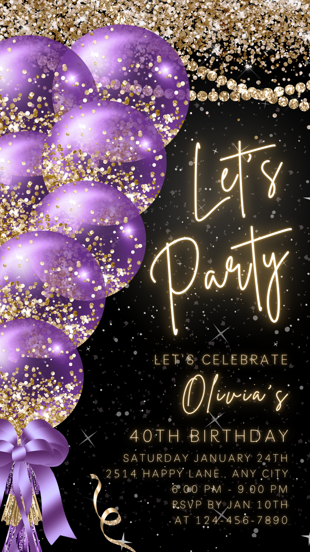 Animated Let's Party invitation, Purple Glittery Dance Night Invite for any Event Celebration, Editable Video Birthday Template