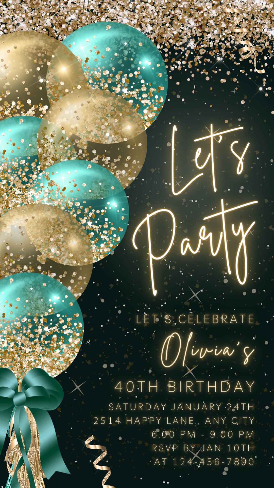 Animated Let's Party invitation, Green Glittery Dance Night Invite for any Event Celebration, Editable Video Birthday Template