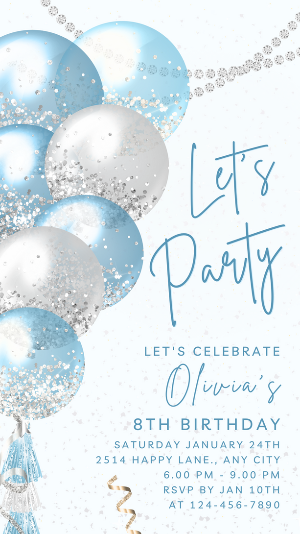 Animated White Blue Let's Party invitation, Sparkle Invite for any Event Celebration, Editable Video Birthday Template | Digital E-vite