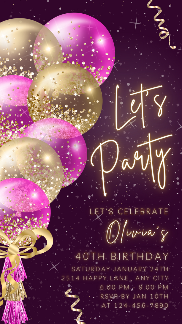 Animated Let's Party invitation, Pink Golden Dance Night Invite for any Event Celebration, Editable Video Birthday Template