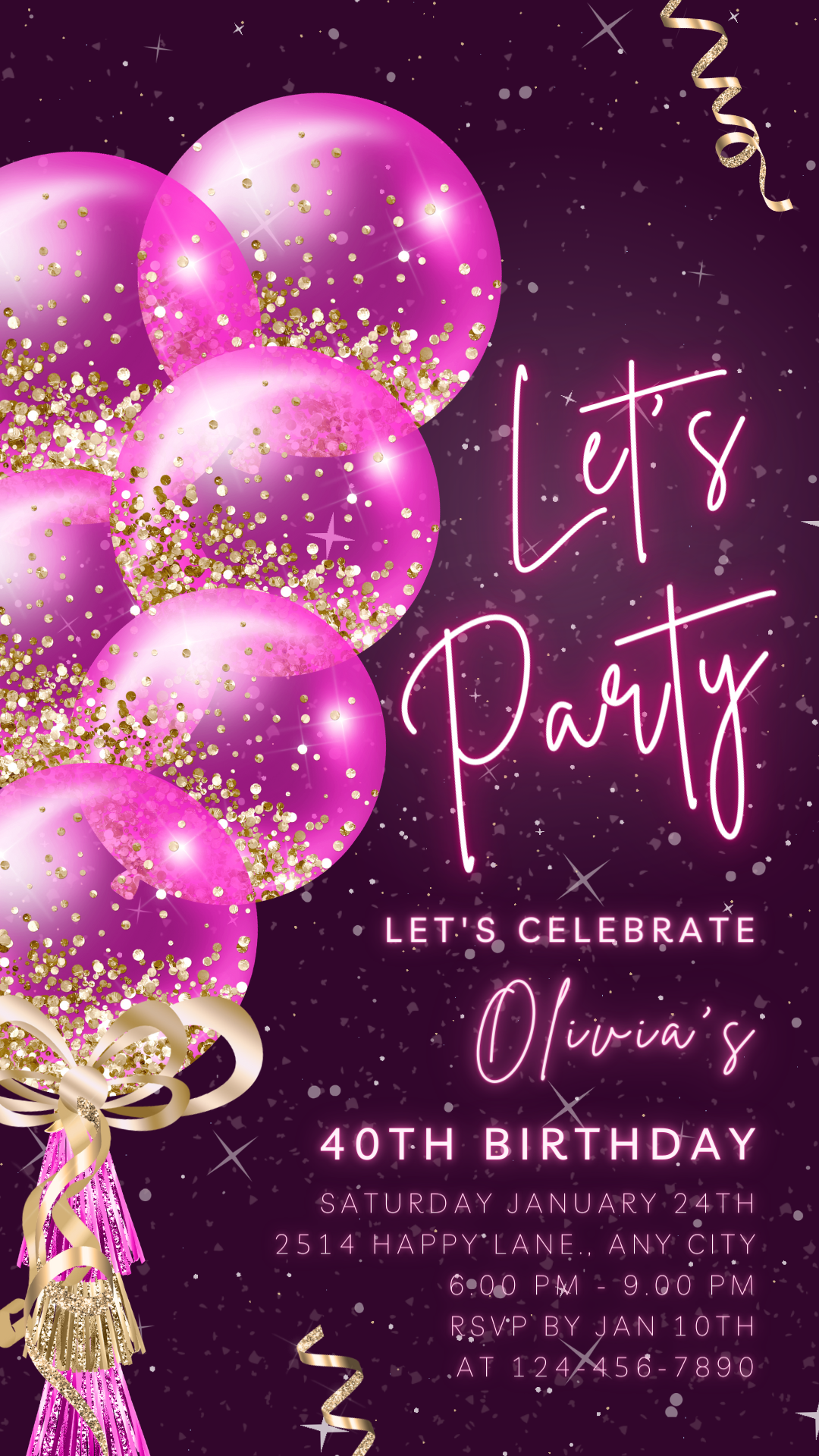 Animated Let's Party invitation, Pink on Black Dance Night Invite for any Event Celebration, Editable Video Birthday Template