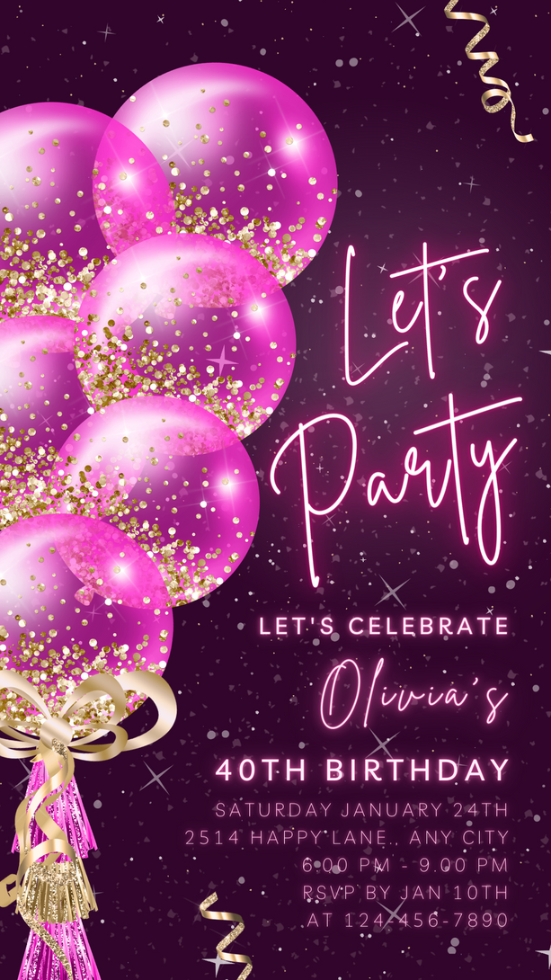 Animated Let's Party invitation, Pink on Black Dance Night Invite for any Event Celebration, Editable Video Birthday Template