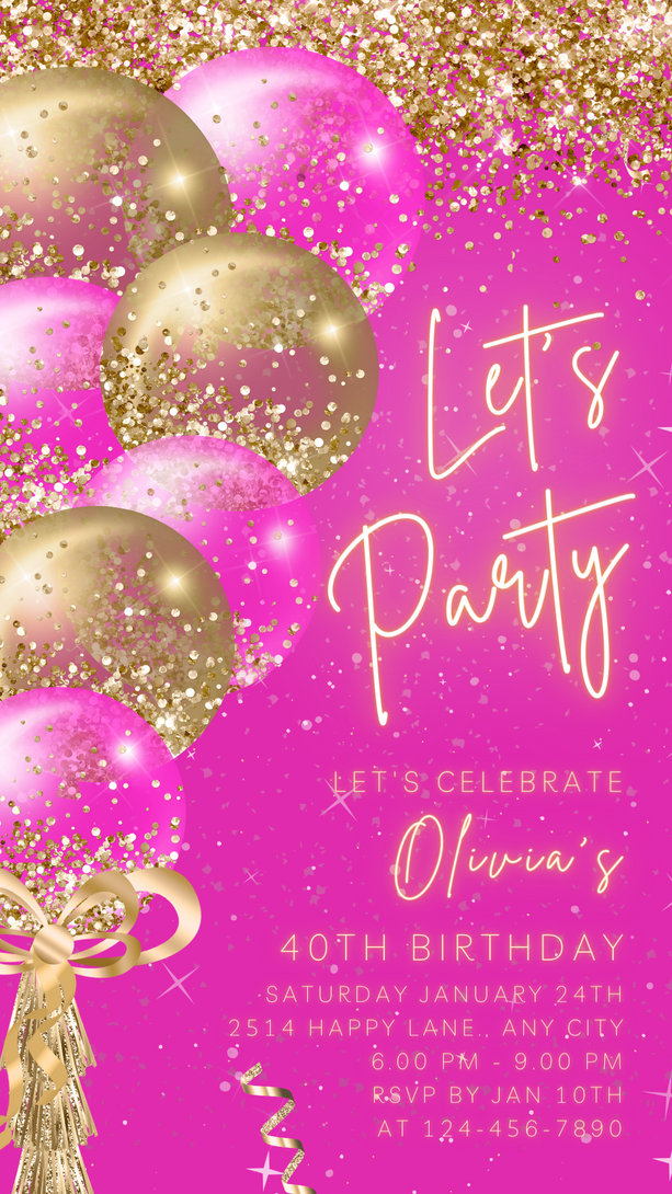 Animated Let's Party invitation, Hot Pink & Gold Dance Night Invite for any Event Celebration, Editable Video Birthday Template