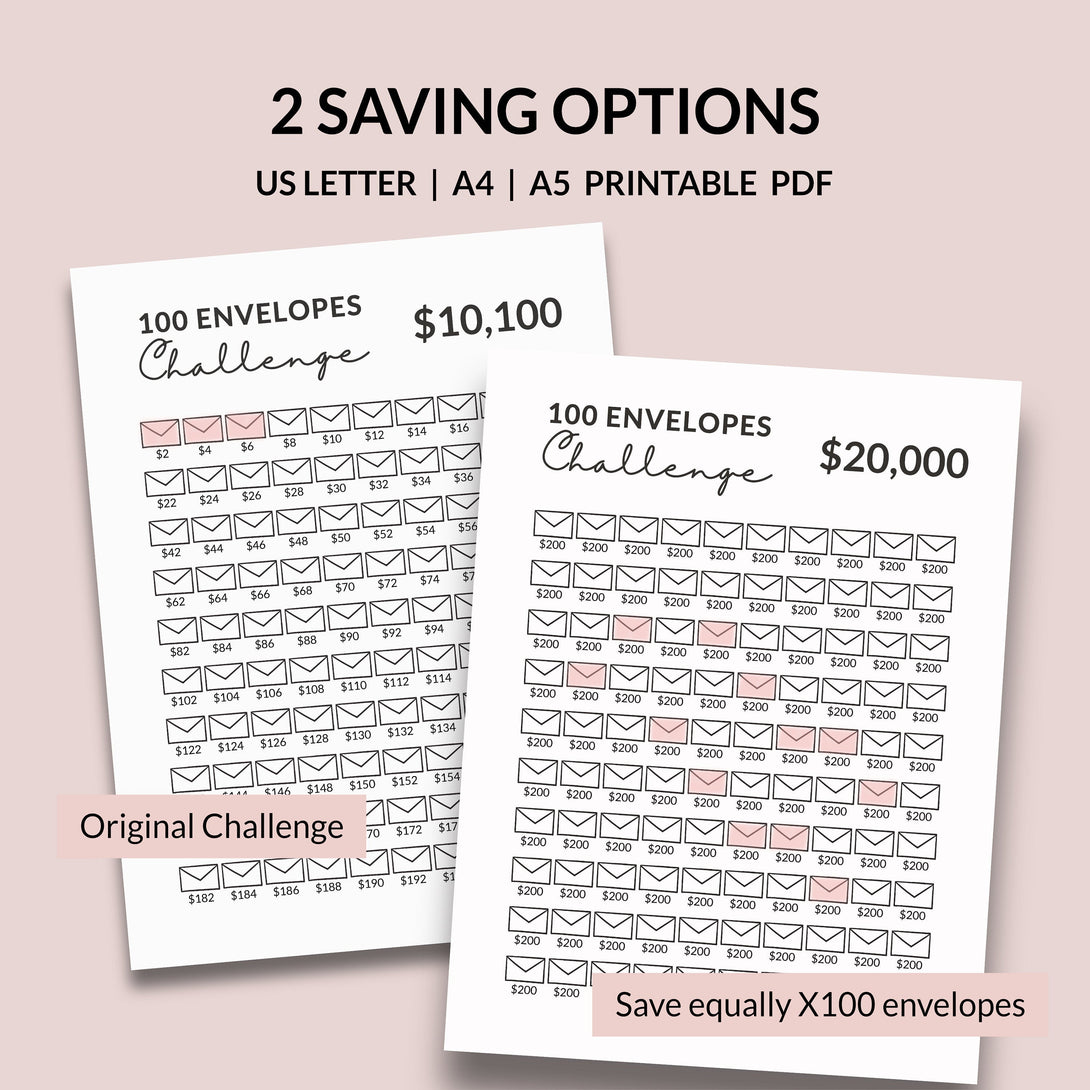 100 Envelope Challenge Bundle l Money Saving Challenge Tracker, Save 5000 up to 50000 Dollar Printable PDF, Saving Chart - Digital Download - Visley Printables